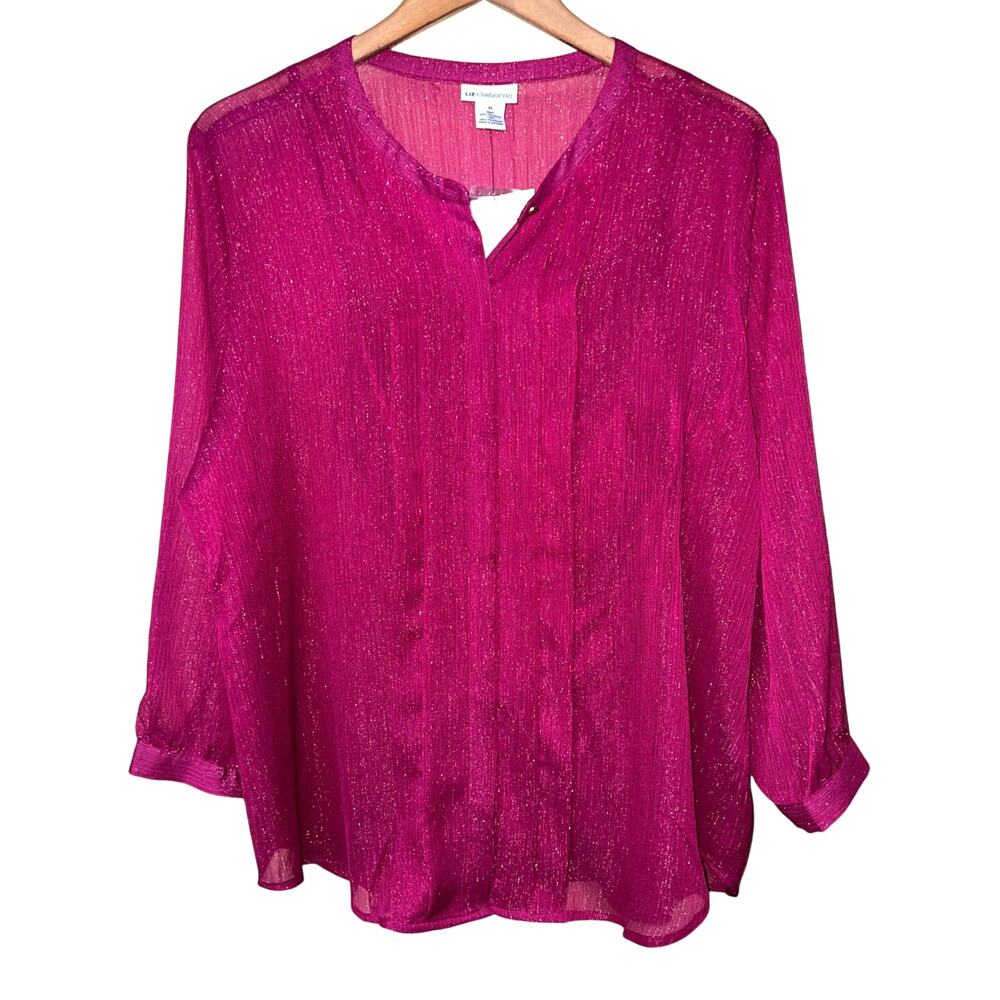 Liz Claiborne Top Blouse Womens X-Large Crinkle Gauze Lined Pink Magenta Fairy